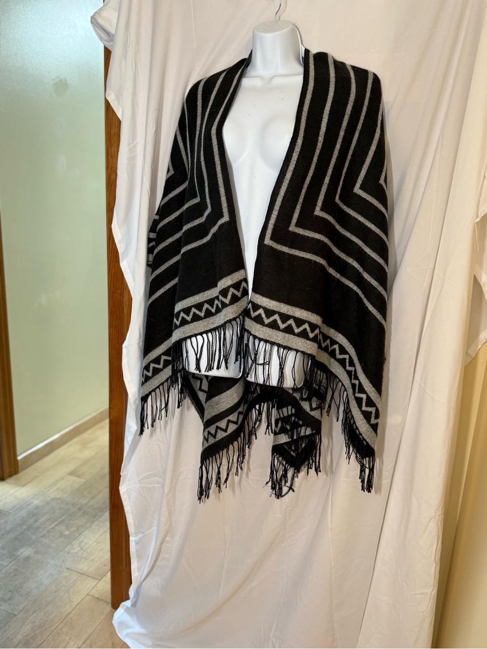Black and Gray Geometric Fringe Shawl